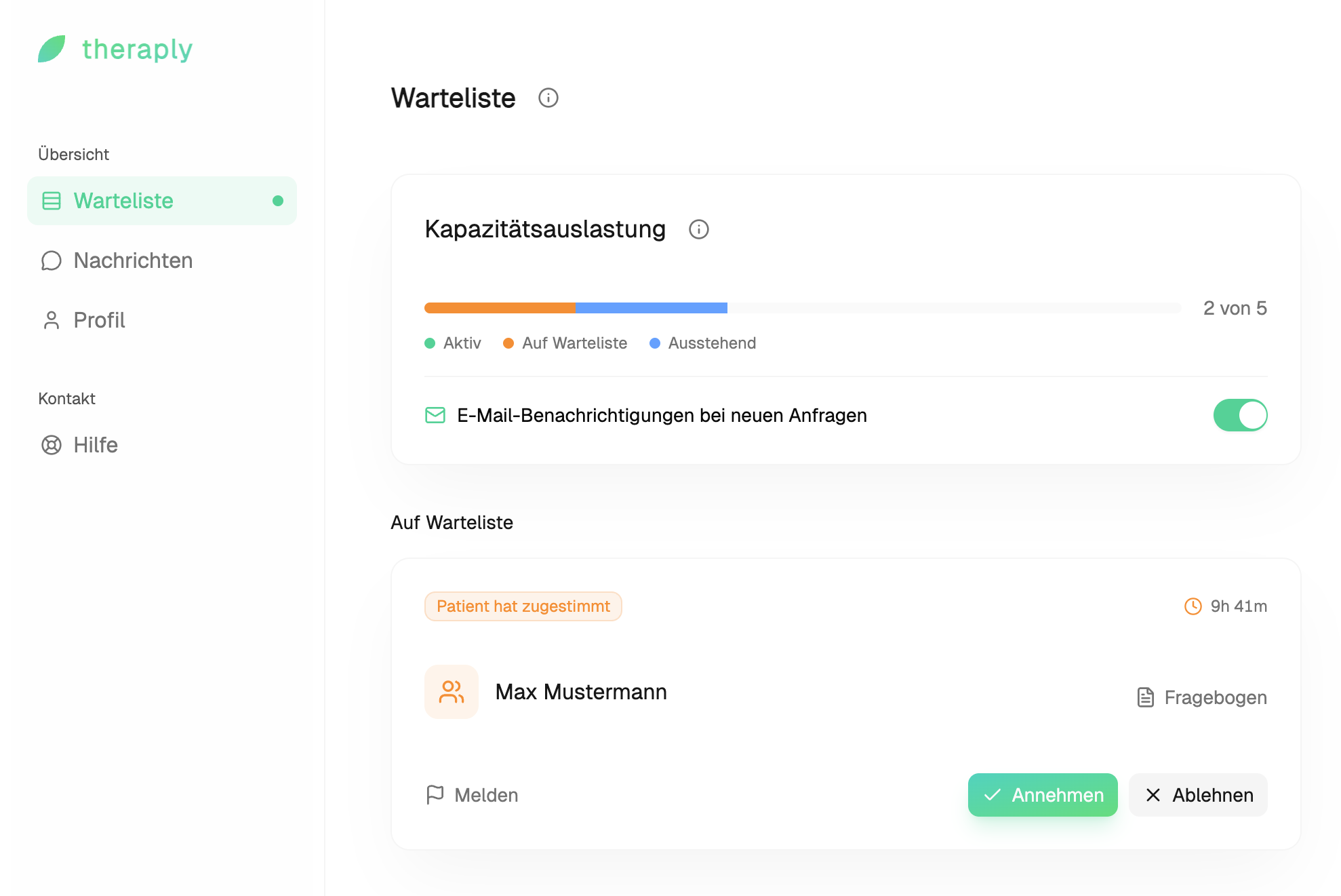 theraply Dashboard für Therapeut:innen – Übersicht der Patient:innen-Anfragen und Praxisverwaltung